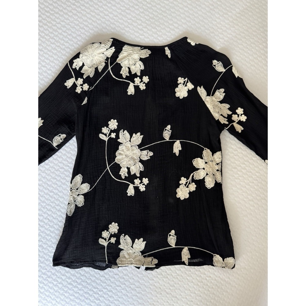 LAUREN MICHELLE Women's S Cotton Floral Embroidered Blouse Black Beige - Picture 7 of 8
